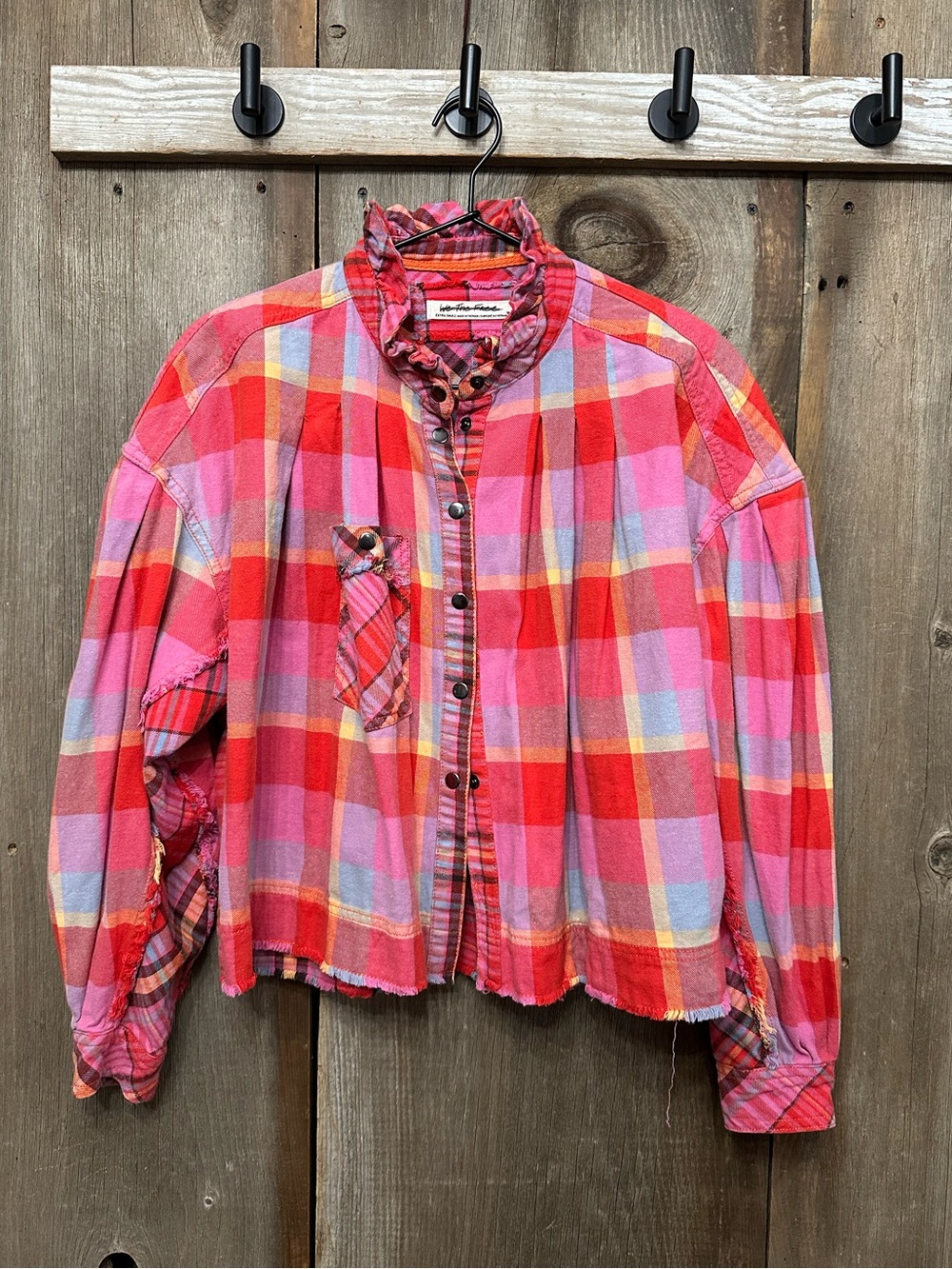 NWOT We The Free Free People Emily Pink Plaid Ruffle Shirt Jacket Size XS